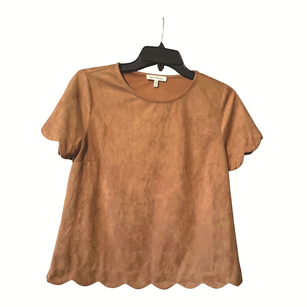 Monteau Los‎ Angeles Brown Faux Suede Short Sleeve Scalloped Hem Top Size S